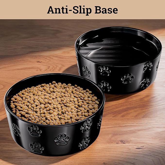 Ceramic Dog Bowl Set of 2 with Anti-Skid Base - 7.5" Wide x 3" Tall Ceramic Dog Bowls for Large Dogs - 6 Cup Capacity Food and Water Bowls for Dogs - Rubber Bottom Pet Bowl Set of 2 for Large Pets