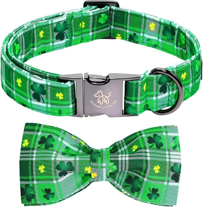 Elegant little tail St Patrick's Dog Collar - Green Plaid Lucky Clover Cotton Shamrock Pet Collar Bowtie Cute Collars with Bow Adjustable Pet Collars for X-Small Dogs