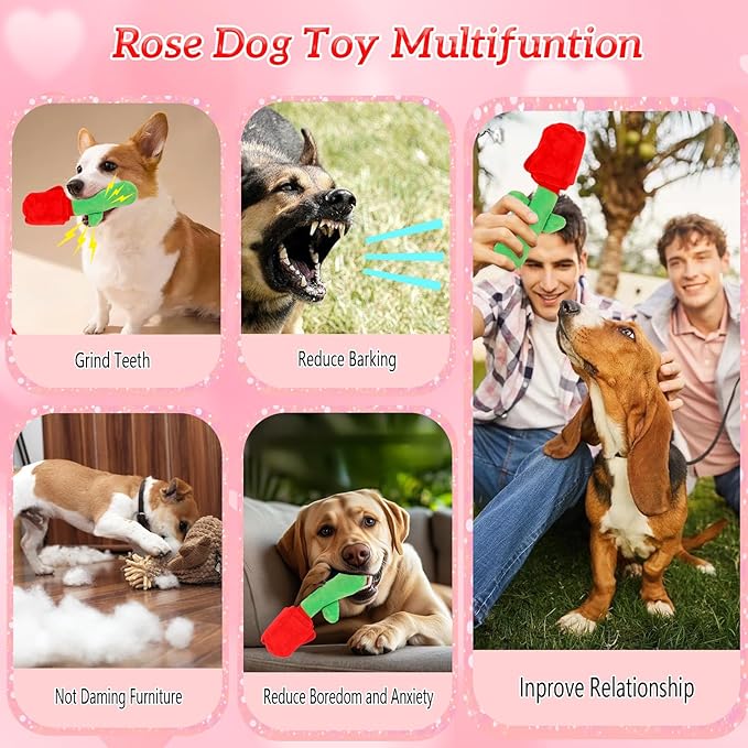 Rose Dog Toy, Valentine's Day Dog Toy Dog Puzzle Toy Interactive Dog Toys, Squeaky and Crinkle Dog Toy for Small Medium and Large Breed Dogs Help Stress Relief