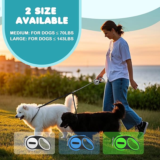 Double Retractable Dog Leash for 2 Small Dogs (Up to 66 Lbs Each), 2 Headed Pet Leash with Poop Bags and Rechargeable LED Light - Tangle-Free Swivel - One Button Break & Lock (Green, Medium)