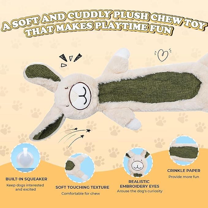 Squeaky Dog Toys for Small & Medium Breeds, Soft No Stuffing Interactive Puppy Teething Chewing Toy with Crinkle Paper, Best Birthday, Christmas, Halloween, Easter Gift, Flat Rabbit
