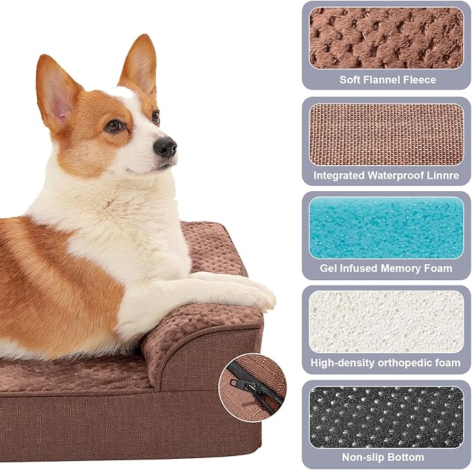 Orthopedic Dog Bed for Small and Medium Dogs, Memory Foam Pet Bed with Washable Removable Cover, Nonskid Bottom, Waterproof, for Indoor, Outdoor, Crate ＆ Car Use, 30x20x6 Inches, Brown Grey