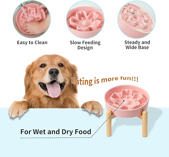 Ceramic Slow Feeder Dog Bowls, Raised, 3 Cups Elevated Slow Feeder with Wooden Stand for Medium Large Breed, Puzzle Dog Food Bowl, Flower (Pink)