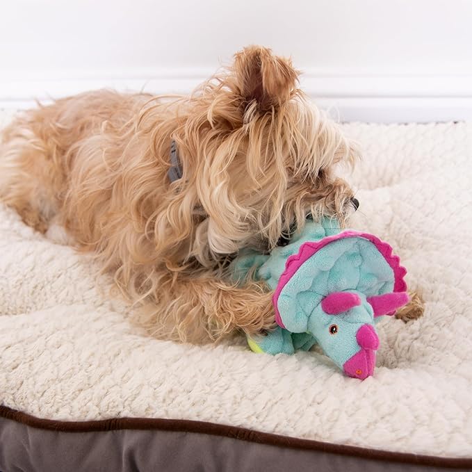 goDog Dinos Frills Squeaky Plush Dog Toy with Chew Guard Technology, Durable Fabric & Squeaker for Active Play, Teal, Small