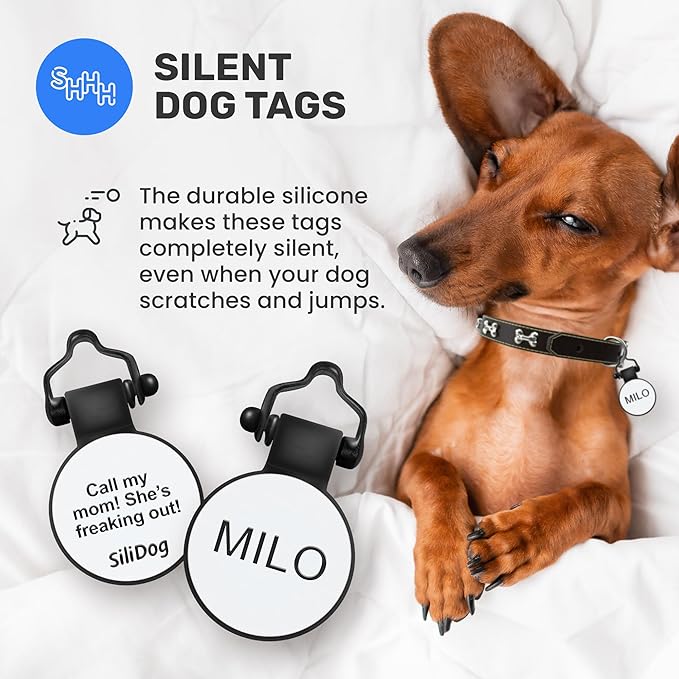 SiliDog - The Original Silicone Silent Dog Tag - Personalized Engraved Soundless Pet ID - As Seen On Shark Tank - Durable - Never Fades - Mini-Circle - White