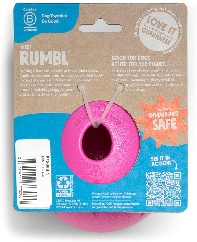 WEST PAW Zogoflex Rumbl Treat-Dispensing Dog Toy – Interactive Slow-Feeder Chew Toys for Dogs – Dog Enrichment Toy – Dog Toy for Moderate Chewers, Fetch, Catch – Holds Kibble, Treats (Hot Pink, Small)