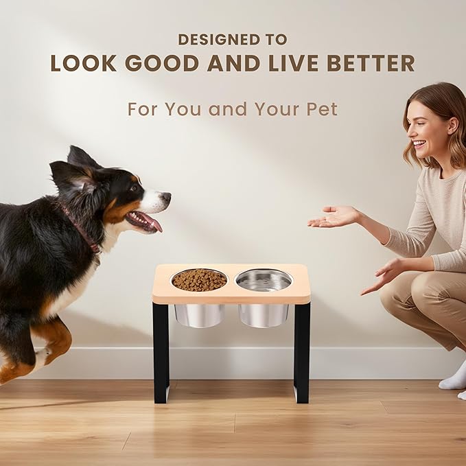 14" Tall Elevated Dog Bowls - Ergonomic Stainless Steel Dog Bowls with 10° Tilt in Bamboo Wood Stand for Tall & Large Breed