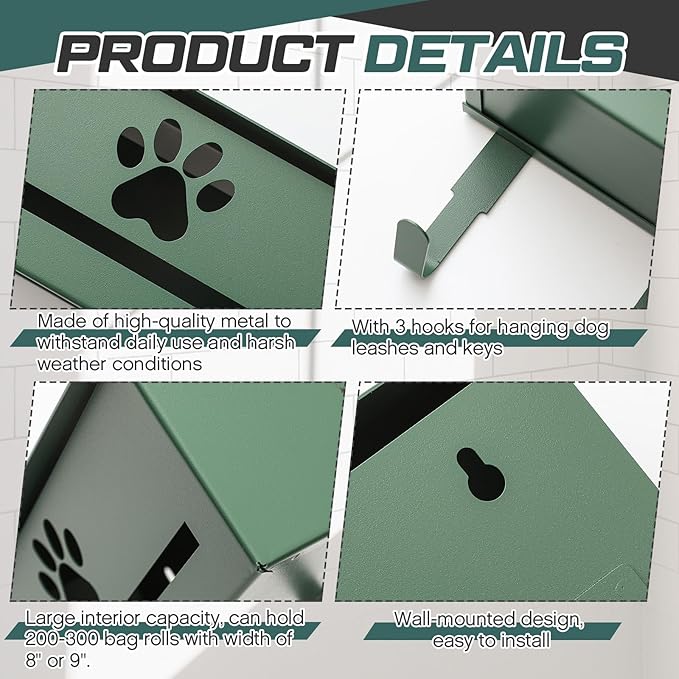 Blulu Wall Mount Dog Poop Bags Dispenser Holder with Hooks Metal 200/300 Single Large Roll Pet Waste Station Bags Dispenser for Outdoor Indoor Home Yard Doggy (Green)