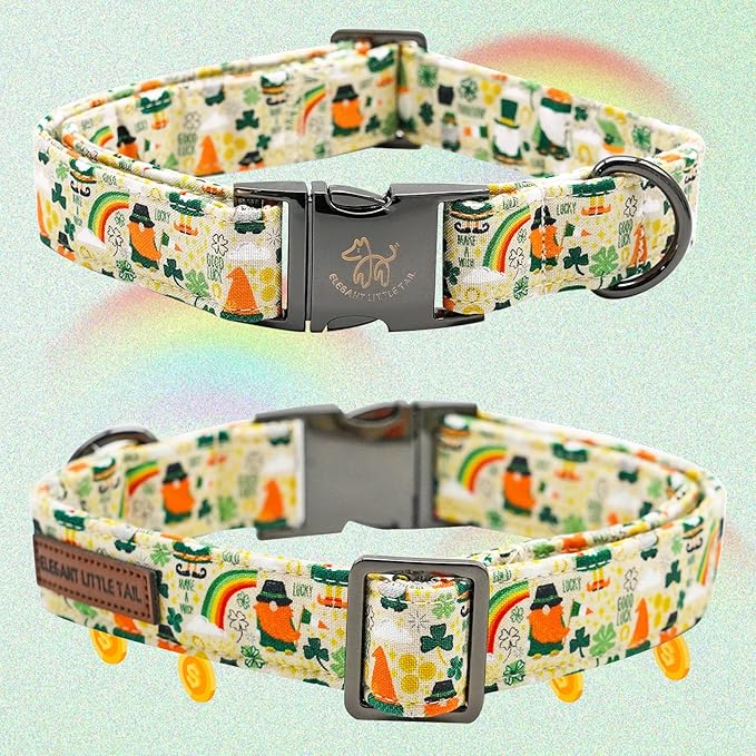 Elegant little tail St. Patrick's Dog Collar, Green Clover Print Sturdy Soft Dog Collars Pet Gift Puppy Bowtie Adjustable Pet Collars for Medium Dogs