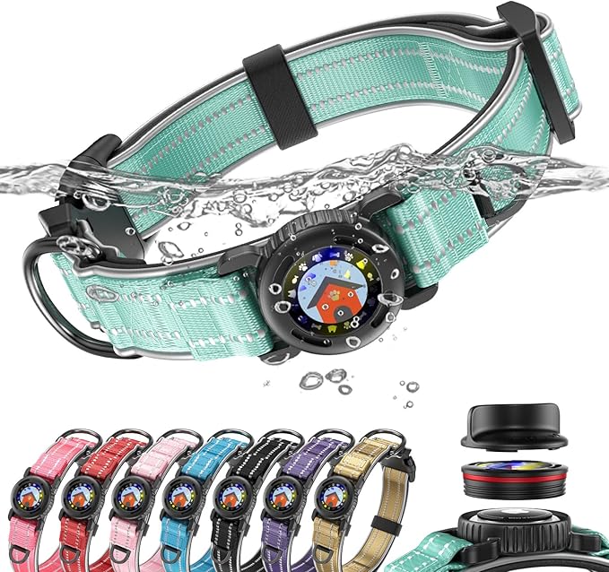 Upgrade Airtag Dog Collar,with IPX8 Waterproof AirTag Holder | Reflective Ultra-Durable | Soft Padded | Lock Buckle | Heavy Duty | Fit Small Medium Large Dogs（Teal，L(17"～23")）