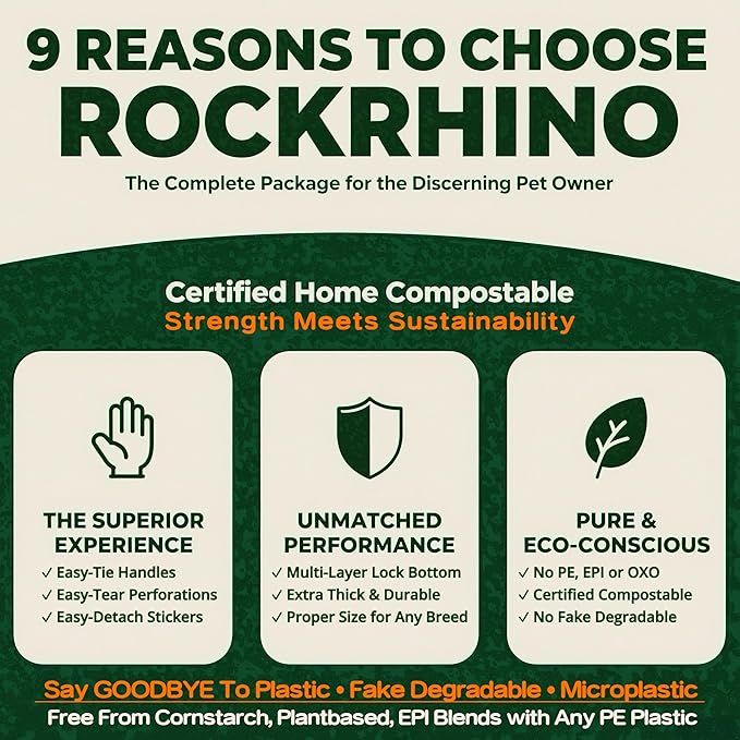 Ultra Thick RockRhino Dog Poop Bags - ECO Heavy Duty, Multi-Layer Bottom, 0% Plastic, 100% Home Compostable, Mint-Scented, Easy Open Tie Handles, Glove-Like Fit - 210 Bags