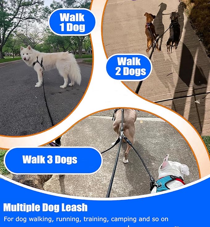Heavy Duty 3 Dog Leash for Small Dogs No Tangle Detachable 360° Swivel Device with Padded Handle for Two/Three Pets