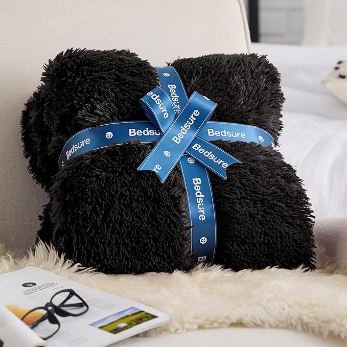 Bedsure GentleSoft Fluffy Black Throw Blanket Gifts for Men, Black Decor Soft Cozy Fuzzy Plush Minky Thick Warm Sherpa Fleece Faux Fur Throws for Couch Bed, Furry Blanket Gifts for Mom Dad, 50x60