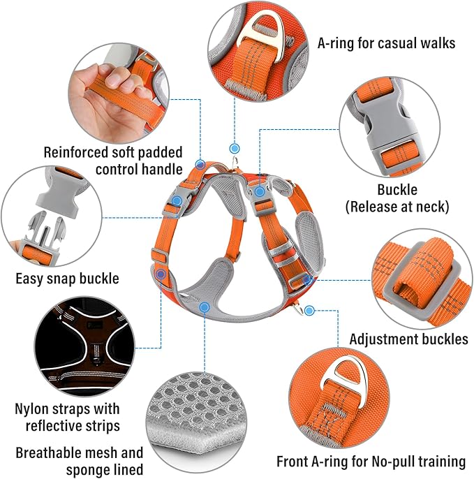Plutus Pet No Pull Dog Harness, Release at Neck, Reflective Adjustable Dog Vest Harness, Easy Control Handle for Walking, for Small Medium Large Dogs, Orange, S