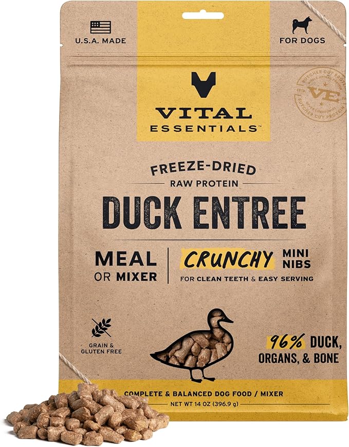Vital Essentials Freeze Dried Dog Food, Raw Duck Crunchy Mini Nibs | Complete Meal or Mixer | High Protein, Low Carb, Grain Free, Dry Dog Food | 14 oz