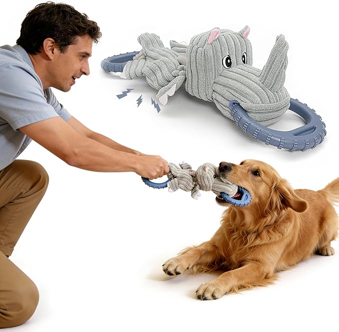 Corduroy Dog Chew Toy with Squeaker and Interactive Rubber Ring for Small Medium Large Breeds - Ideal for Tug of War and Fetch Play (Medium, Rhino)