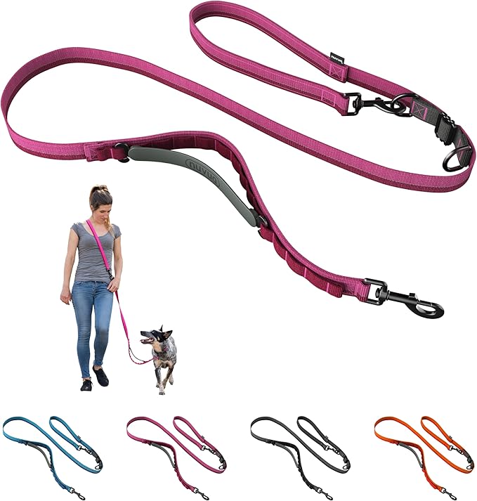 Cross Body Dog Leash - Waist or Shoulder Leash for Walking and Hiking with Medium and Large Dogs, Adjustable 4 to 6 FT Outdoor Bungee Lead with Traffic Handle by Nuvuq (18-120 lbs, Pink)