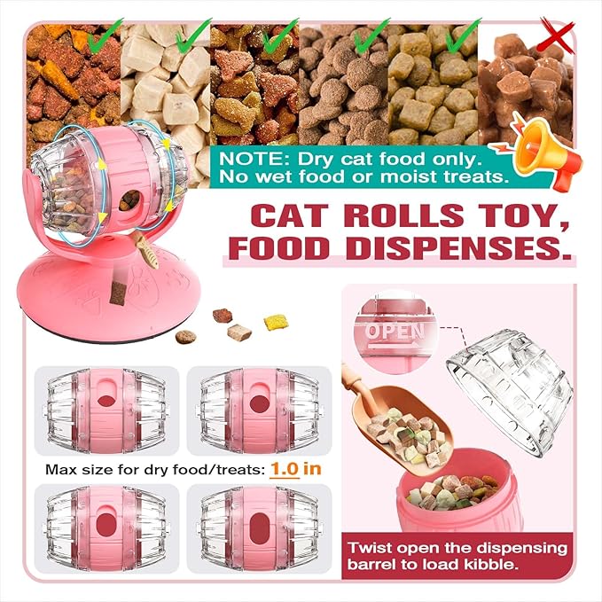 Cat Roll Feeder, Interactive Cat Toy & Dog Toys, Treat Dispenser for Indoor Cats, Small Dogs, Puppies, Slow Feeder, Enrichment Toy for IQ Training, Mental Stimulation, Relieve Boredom, Gifts (Pink)