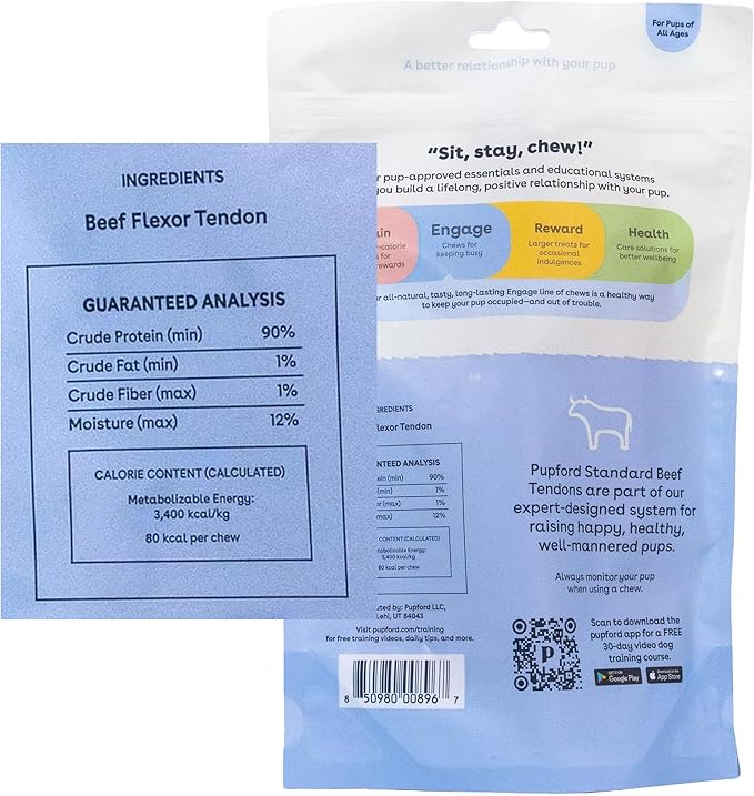Pupford Standard Beef Tendon Chews for Dogs & Puppies, All-Natural Dog Chew with Glucosamine for Joint Health, Long-Lasting Toy, Great for Teething (4 Count)