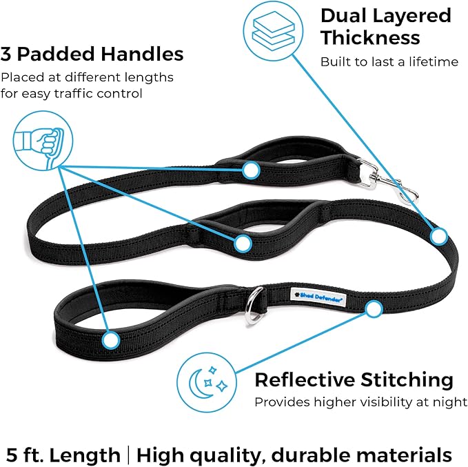 Shed Defender 5 ft. Standard Dog Leash - Three Padded Traffic Handles, Designed in The USA, Dual Layered Thickness Heavy Duty, Reflective Stitching, Large Dogs & Small Breed, Training Lead (Red)
