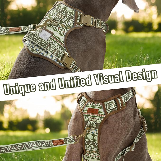 No Pull Dog Harness for Large Dogs with 2 Metal Clips, Easy On/Off with Neck Buckle, Heavy Duty Adjustable Puppy Vest, Breathable Pet Harness with Easy Control Handle, Green Ethnic L
