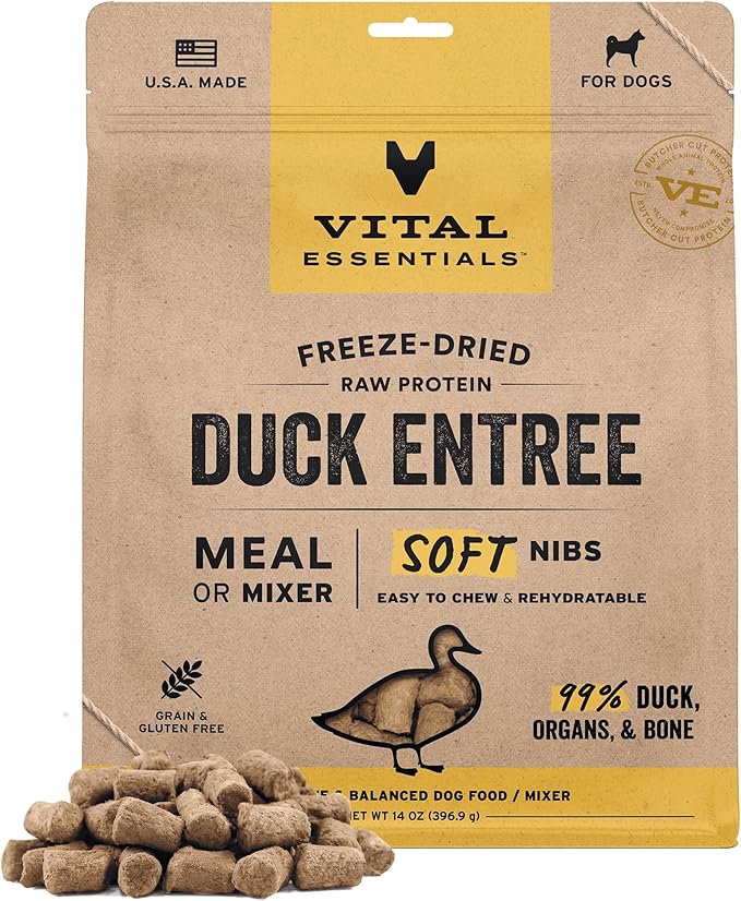 Vital Essentials Freeze Dried Dog Food, Raw Duck Soft Nibs | Complete Meal or Mixer | 99% Duck, Organs & Bone | High Protein, Low Carb, Grain Free, Dry Dog Food | 14 oz