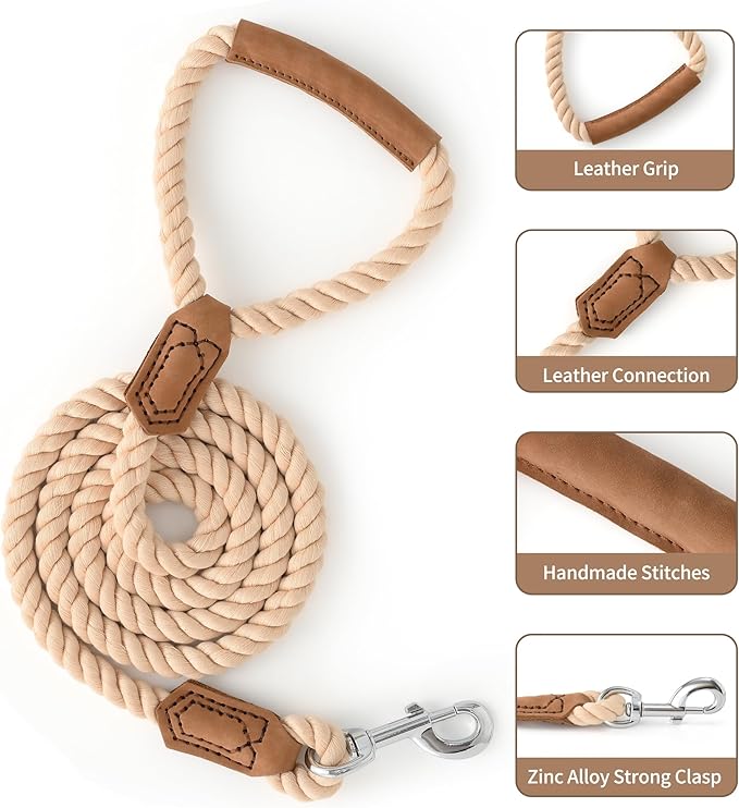 Mile High Life Dog Leash, Braided Cotton Rope Leashes with Leather Handle - Heavy Duty Metal Clasp, 4FT, 1/2" Thick - Wedding, Walking & Training Leash for Small Medium Large Dogs (Light Brown)