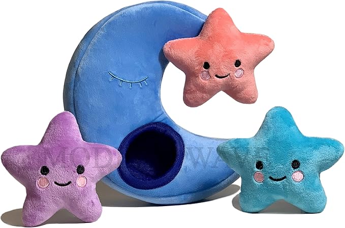 MODERN WAVE - Interactive Squeaky Plush Hide and Seek Squirrel Type Puzzle Toy for Dogs, Small Size (Moon and Stars)