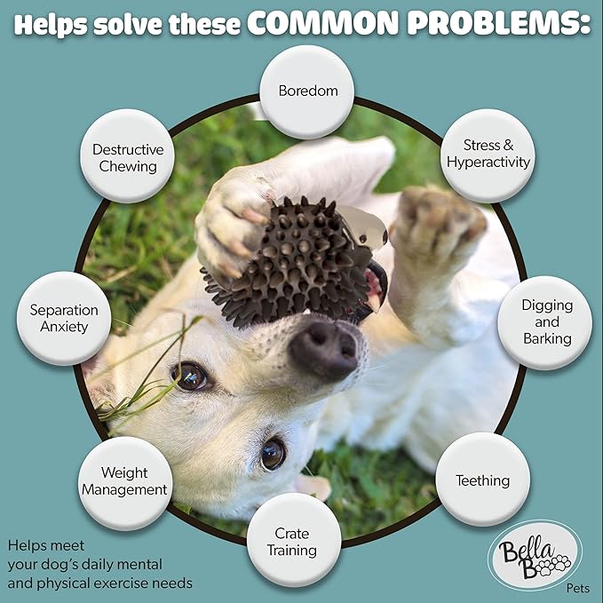Bella Boo Pets Interactive Dog Toy for Strong Chewers - Freddy The Hedgehog All-in-One Treat Ball + Food Dispensing Slow Feeder Dog IQ Puzzle + Dental Chew Toy for Medium and Large Breed Dogs (Brown)
