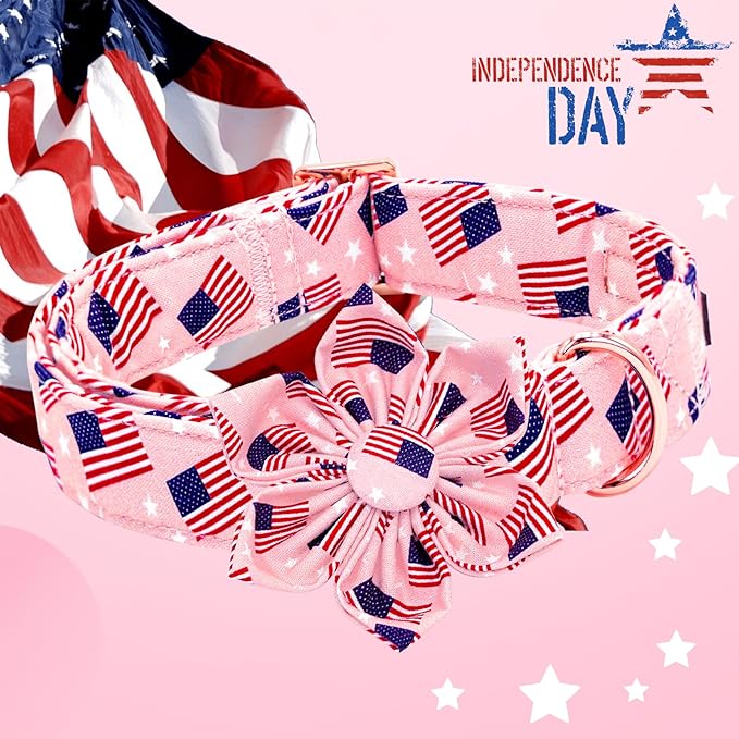 Lionheart glory American Flag Dog Collar 4 of July Dog Collars with Flower Independence Patriotic Dog Flower Collars Heavy Duty Adjustable Collar Flower for Medium Dogs Pet Gift
