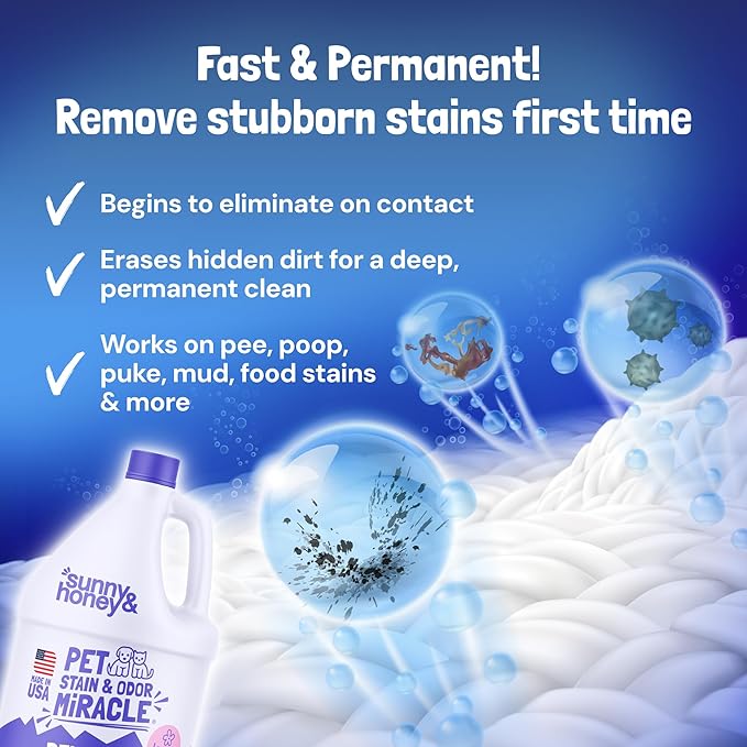 Sunny & Honey Pet Stain & Odor Miracle - Carpet Cleaner For New & Deep-set Messes - Enzyme Cleaner for Dog Urine & Cat Pee - Pet Stain Remover - Surface Odor Eliminator (128 fl oz, Light Lavender)
