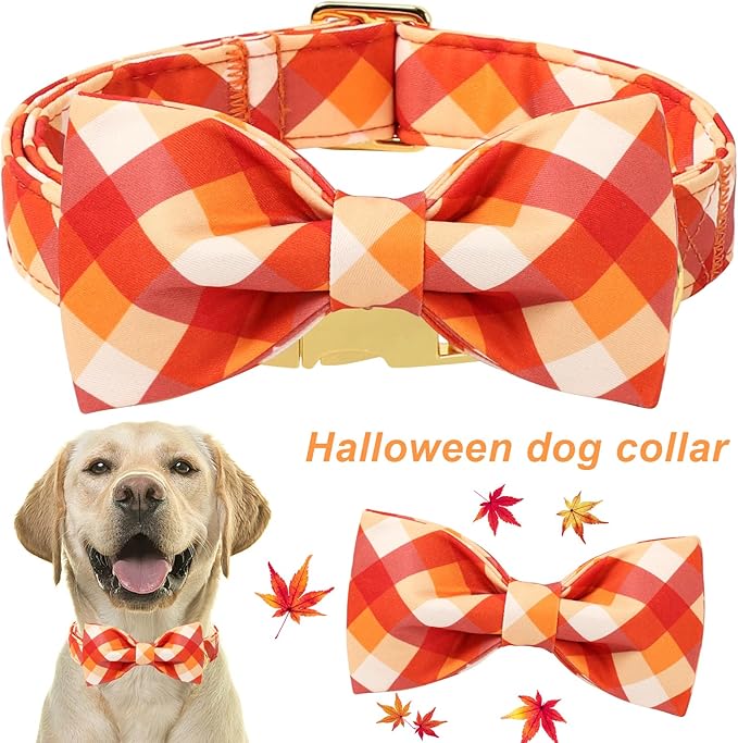 ARING PET Fall Dog Collar with Bow, Halloween Orange Grid Cute Pet Collars with Quick Release Buckle for Puppy Small Medium Large Girl Boy Dogs-S