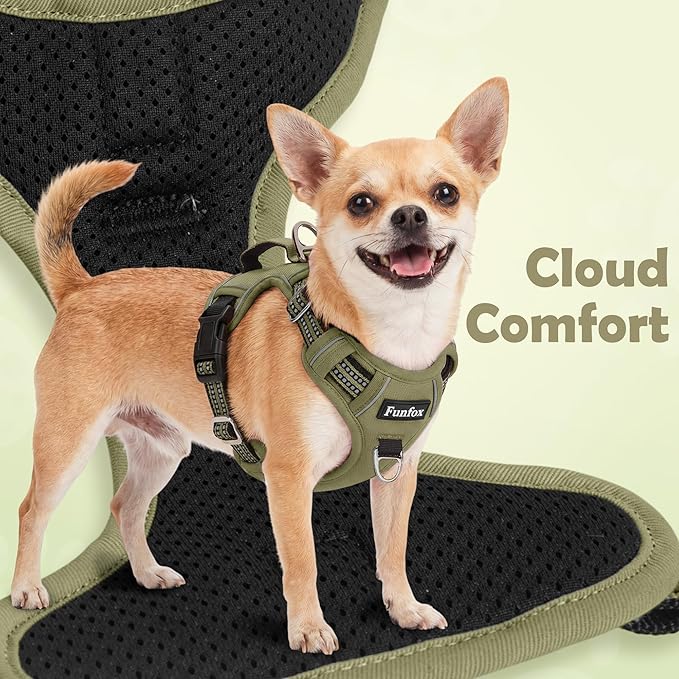 Funfox Dog Harness No Pull, Adjustable Pet Vest Harness, Super Soft Material with Vertical Handle Easy Control, Reflective Night Walking, 2 Leash Clips for Medium Sized Dogs, Army Green, M