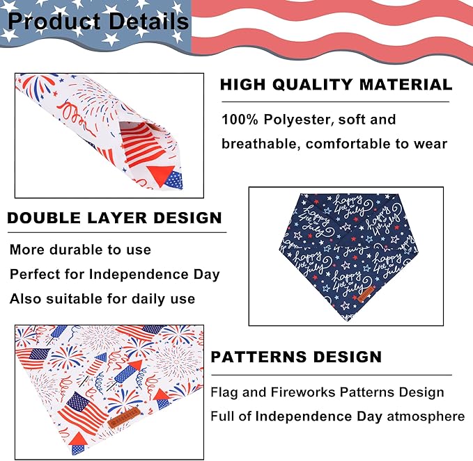 ADOGGYGO American Flag Dog Bandana, White Blue 4th of July Flag Pet Scarf, Premium Durable Fabric, Adjustable Fit 4th of July Bandanas for Extra Large Dogs Pets (X-Large)