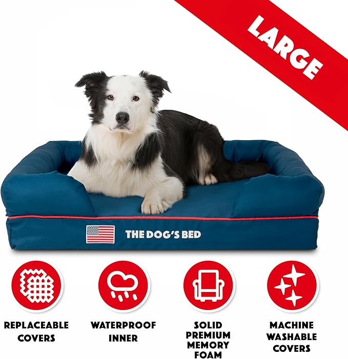 The Dog’s Bed Orthopedic Memory Foam Dog Bed with Bolsters, Oxford Fabric, Blue with Dark Red Trim, Large