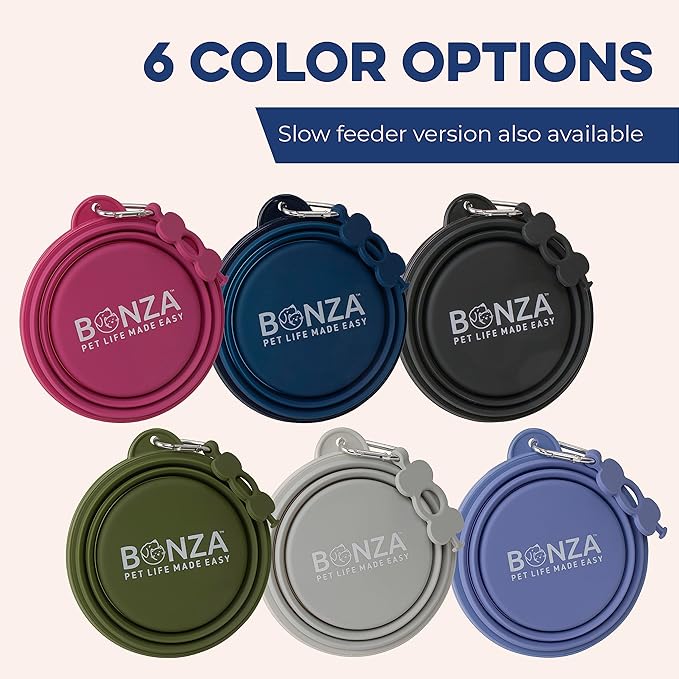 Bonza Collapsible Dog Bowls - Large 33 oz, Dog Travel Accessories, Silicone Portable Dogs Bowl & Water Dish with Reinforced Rim & Carabiner for Hiking, Camping, and Car Trips, Moss Periwinkle
