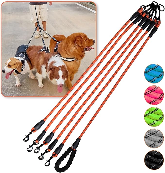 Five Dog Leash - 5 Way Leash for Walking & Training, 360 Swivel No Tangle, Comfortable with Reflective Strips