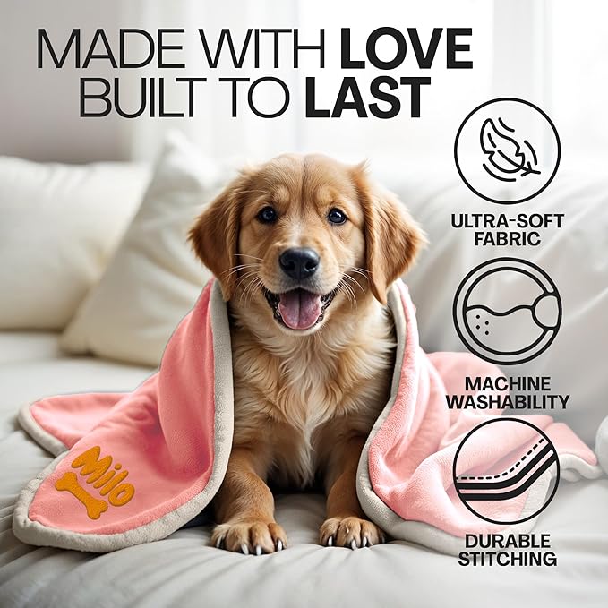 Personalized Puppy Blanket – Custom Embroidered Dog Blanket with Name & Birth Date – Soft New Puppy Gift – Keepsake for Dog Lovers, Pup Moms & New Pet Owners - Pink