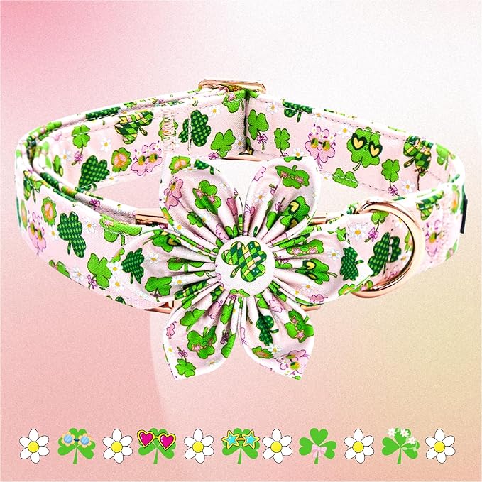 Elegant little tail St Patrick's Dog Collar with Flower Pink Cute Colver Cotton Shamrock Pet Collar Trefoil Puppy Collar Flower Holiday Adjustable Cotton Pet Collar for Small Medium Large Dogs