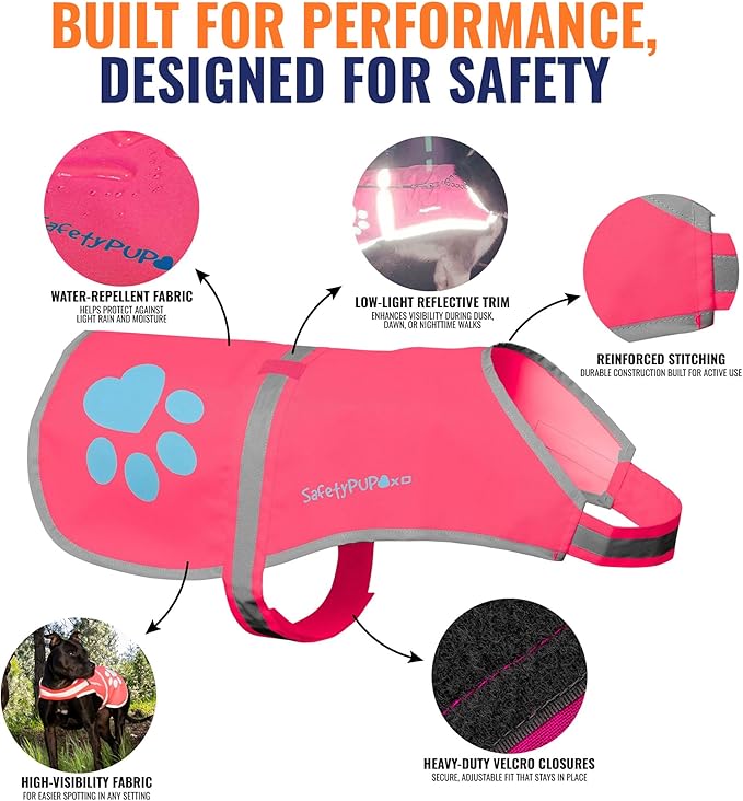 SafetyPUP XD Dog Reflective Vest – Hi-Vis Fluorescent Visibility That Helps to Safeguard Your Pet On/Off Leash in Urban & Rural Areas (Pink, X-Small)