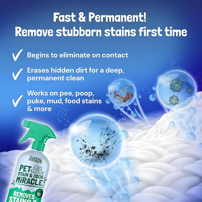 Sunny & Honey Pet Stain & Odor Miracle - Fast Acting Carpet Cleaner - Enzyme Spray for Carpets, Mattresses & Upholstery - Rug Shampoo - Dog Pee Cleaner & Surface Odor Remover (32 fl oz, Spring Mint)