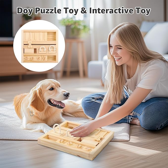 LOOBANI Dog Puzzle Toys Wooden: Slow Feeder Interactive Toys - Mental Brain Stimulation, Treat Dispensing & Entertainment/Food Slow Feeder for Small to Large Dogs - Square Slide Puzzle Toy