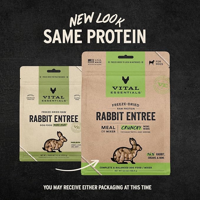 Vital Essentials Freeze Dried Dog Food, Raw Rabbit Crunchy Mini Nibs | Complete Meal or Mixer | High Protein, Low Carb, Grain Free, Dry Dog Food | 5.5 oz