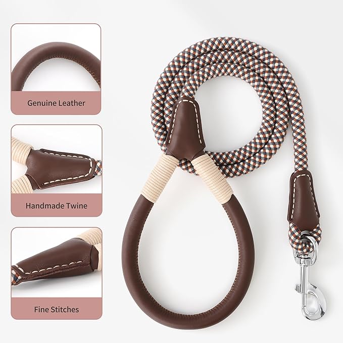 Mile High Life Genuine Leather Wrapped Handle Dog Leash, w Heavy Duty Clasp Rope Leash for Small Medium Large Dogs (Brown, 4FT)