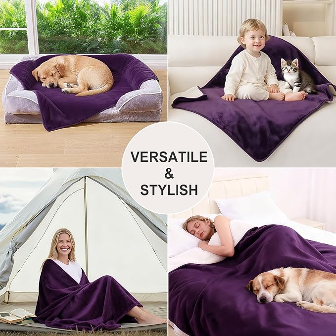 Smiry Waterproof Dog Bed Blanket, Leakproof Pet Throw Blanket for Bed Couch Sofa, Reversible Sherpa Fleece Furniture Protector Cover for Small Medium Large Dogs Cats (Purple, 60x80 inches)