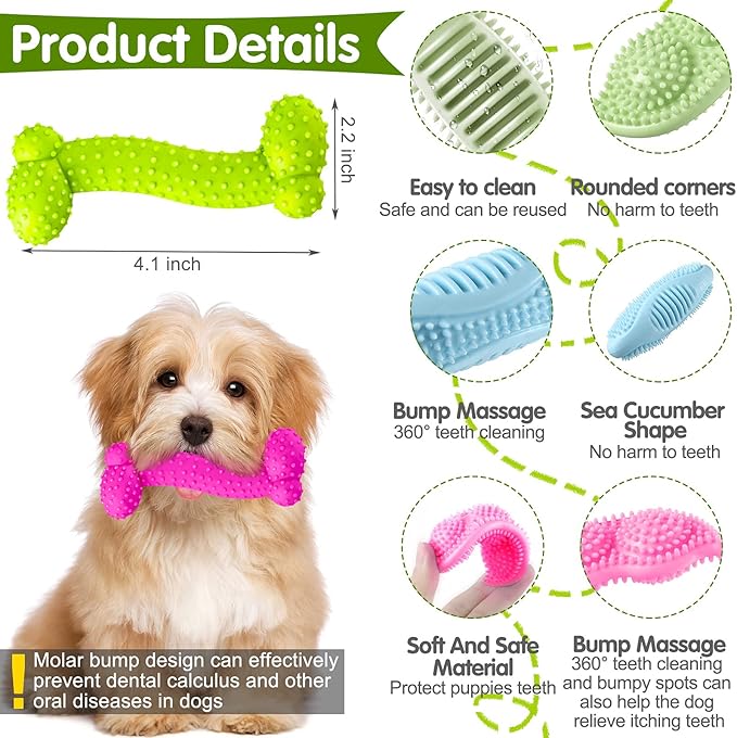 6 Pcs Puppy Teething Chew Toys Rubber Bones Shaped Dog Teething Rings Pet Cute Pink Small Dog Toys for 2-8 Months Small Dogs Cleaning Relieving Itching(Green, Deep Pink, Blue, Rose Red, Yellow Green)