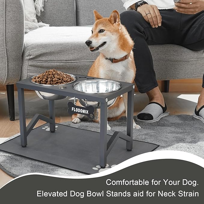 Elevated Dog Bowl Stand, 11.8 Inch Tall Raised Feeder with 2 Stainless Steel Bowls (58oz) and Non-Slip Mat for Medium/Large Dogs (Grey)