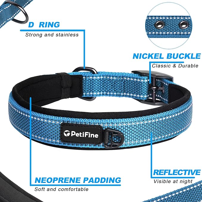 PetiFine Dog Collar for Large Dogs, Neoprene Padded and Adjustable, Reflective Wide Heavy Duty Pet Collars with Durable Metal Belt Buckle for Walking, Blue, L