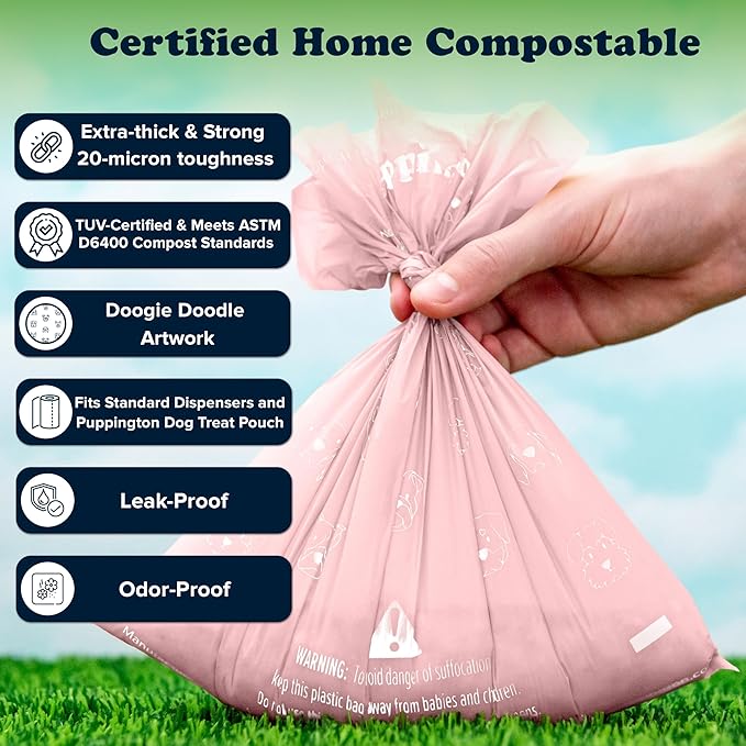 Puppington Certified Home Compostable Poop Bags - ASTM D6400 Compliant - 180 Extra Thick Bags - Plant Based - Pairs with Puppington 3-in-1 Bag & Fits all Standard Poop Bag Dispensers (Blush Pink)