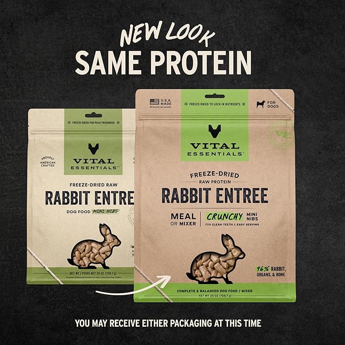 Vital Essentials Freeze Dried Dog Food, Raw Rabbit Crunchy Mini Nibs | Complete Meal or Mixer | High Protein, Low Carb, Grain Free, Dry Dog Food | 25 oz